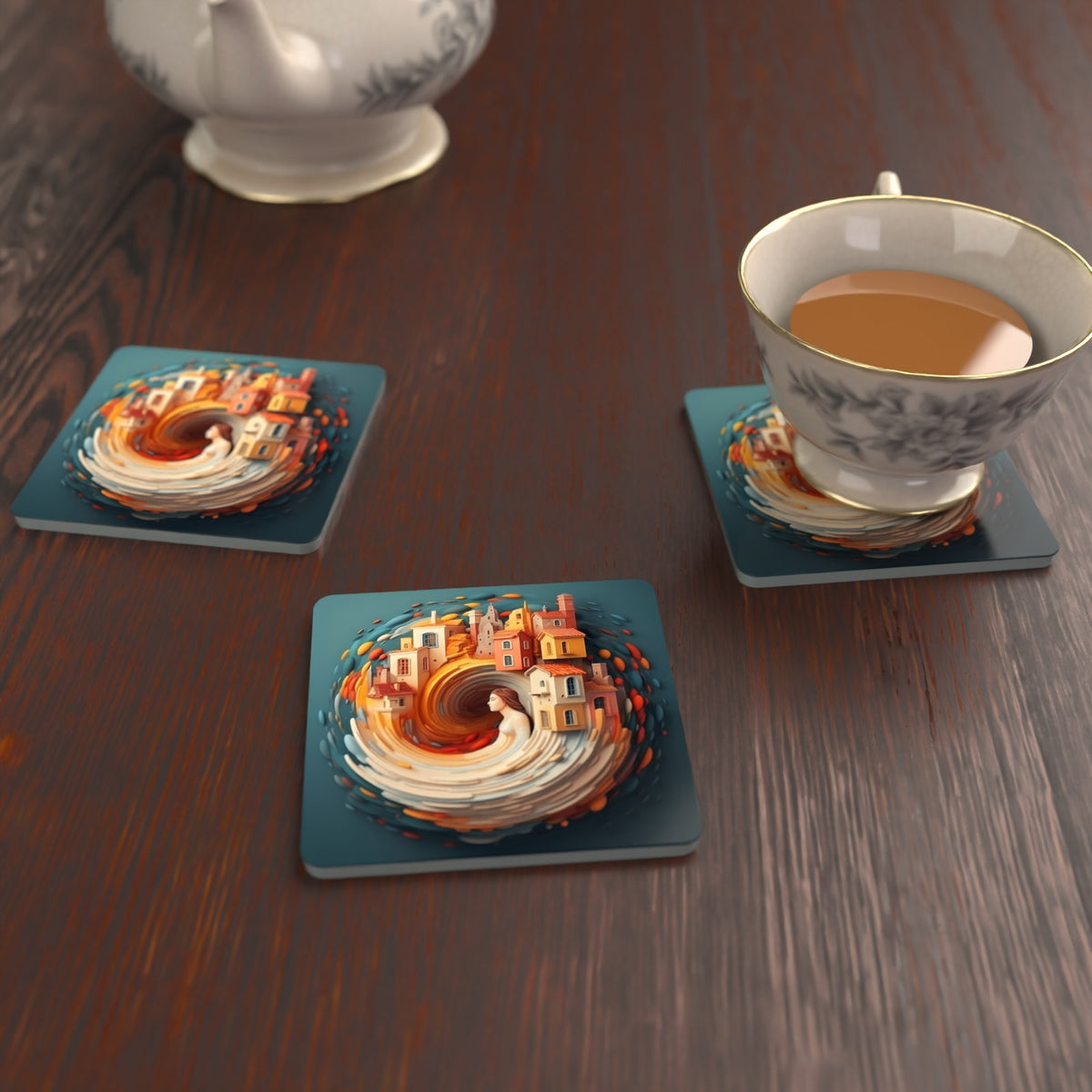 Swirling Fantasy Town Square Glass Coasters – Set of 6 – lifestyle mockup with a teacup