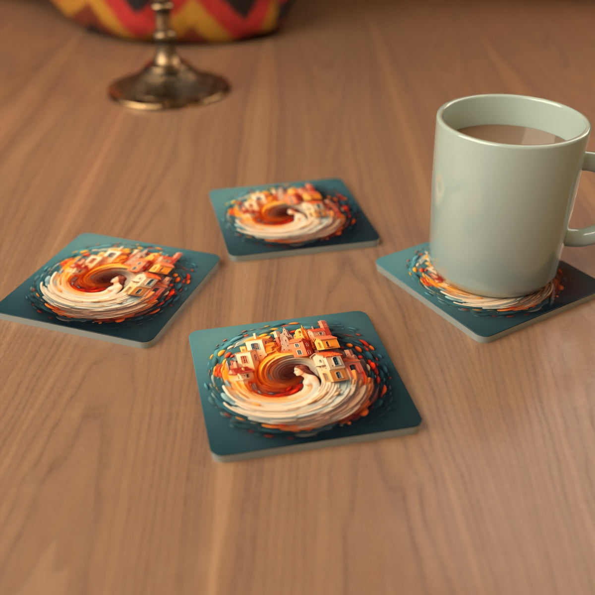 Swirling Fantasy Town Square Glass Coasters – Set of 6 – cosy lifestyle mockup