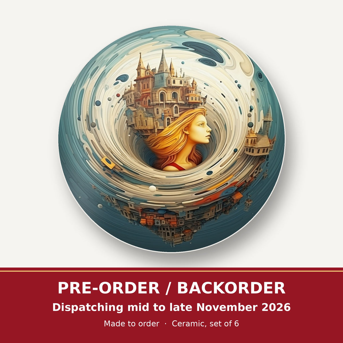 Dreamy Swirl Castle round ceramic coaster set of 6 – pre-order / backorder, dispatching mid to late November 2026