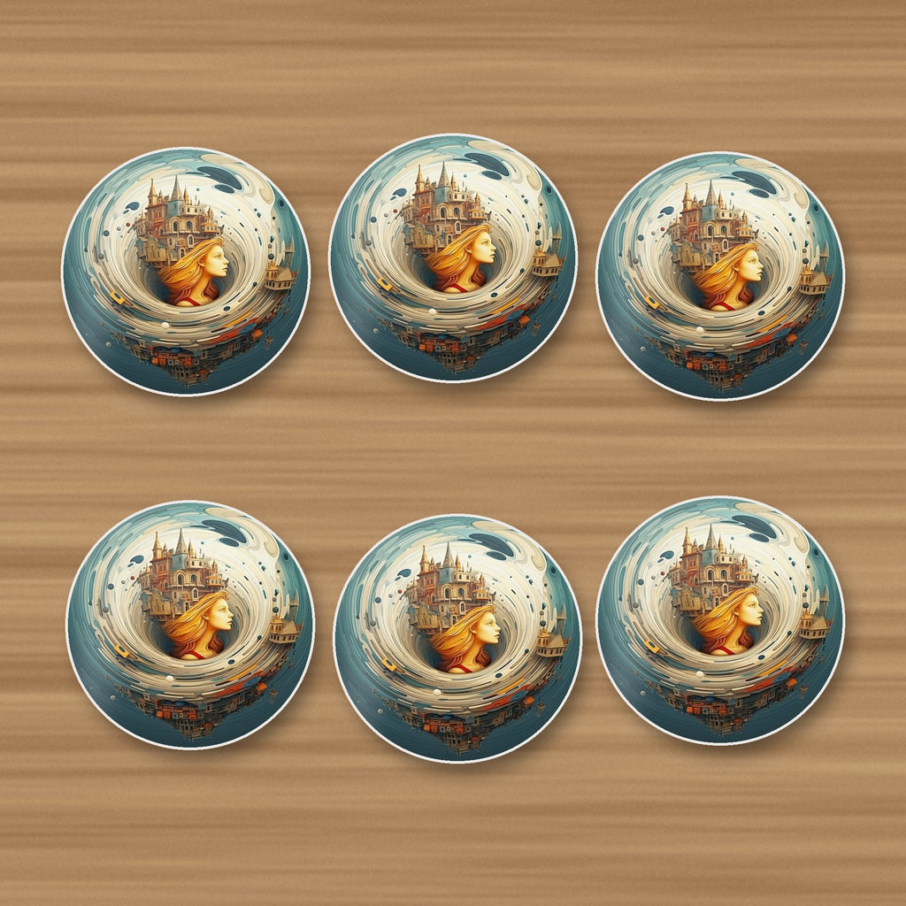 Dreamy Swirl Castle round ceramic coasters, set of 6, on an oak coffee table