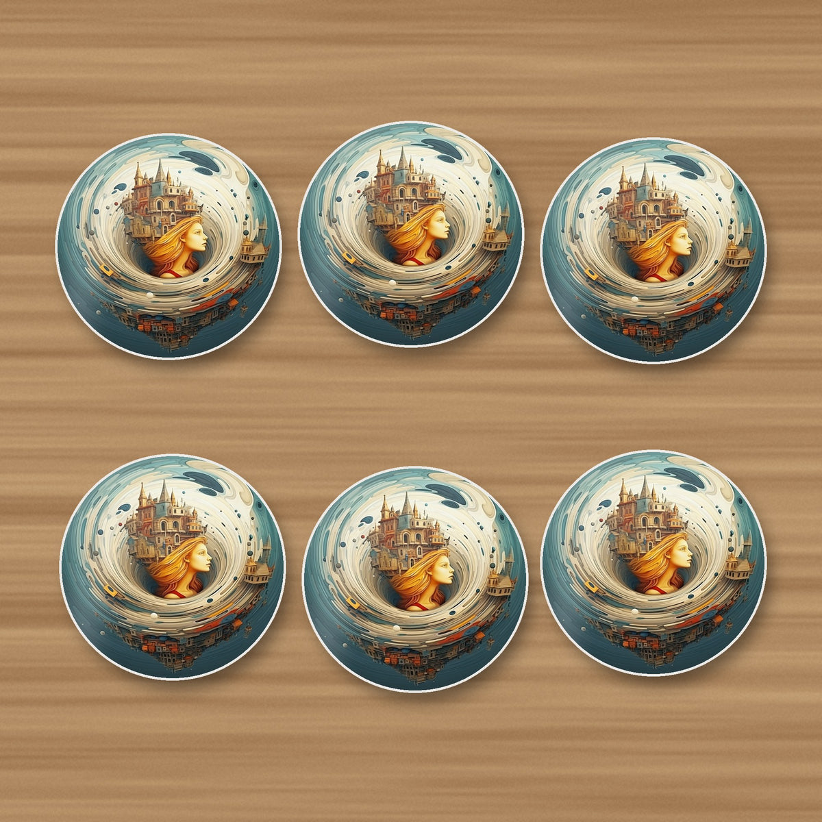 Dreamy Swirl Castle round ceramic coasters, set of 6, on an oak coffee table