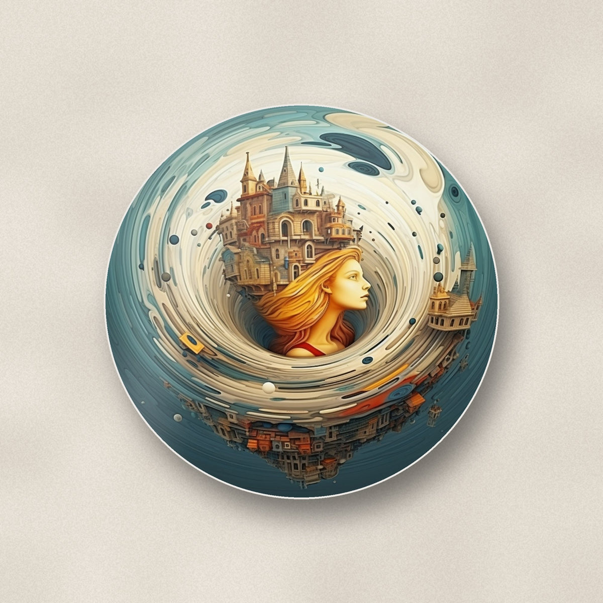 Close-up of one dreamy swirl castle round ceramic coaster, flat UV print