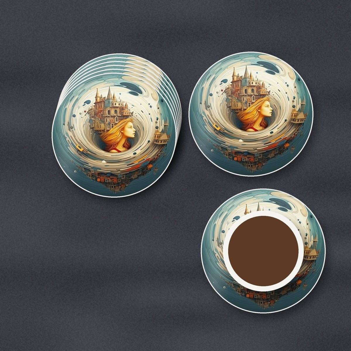 Dreamy Swirl Castle round ceramic coasters stacked on a slate kitchen worktop