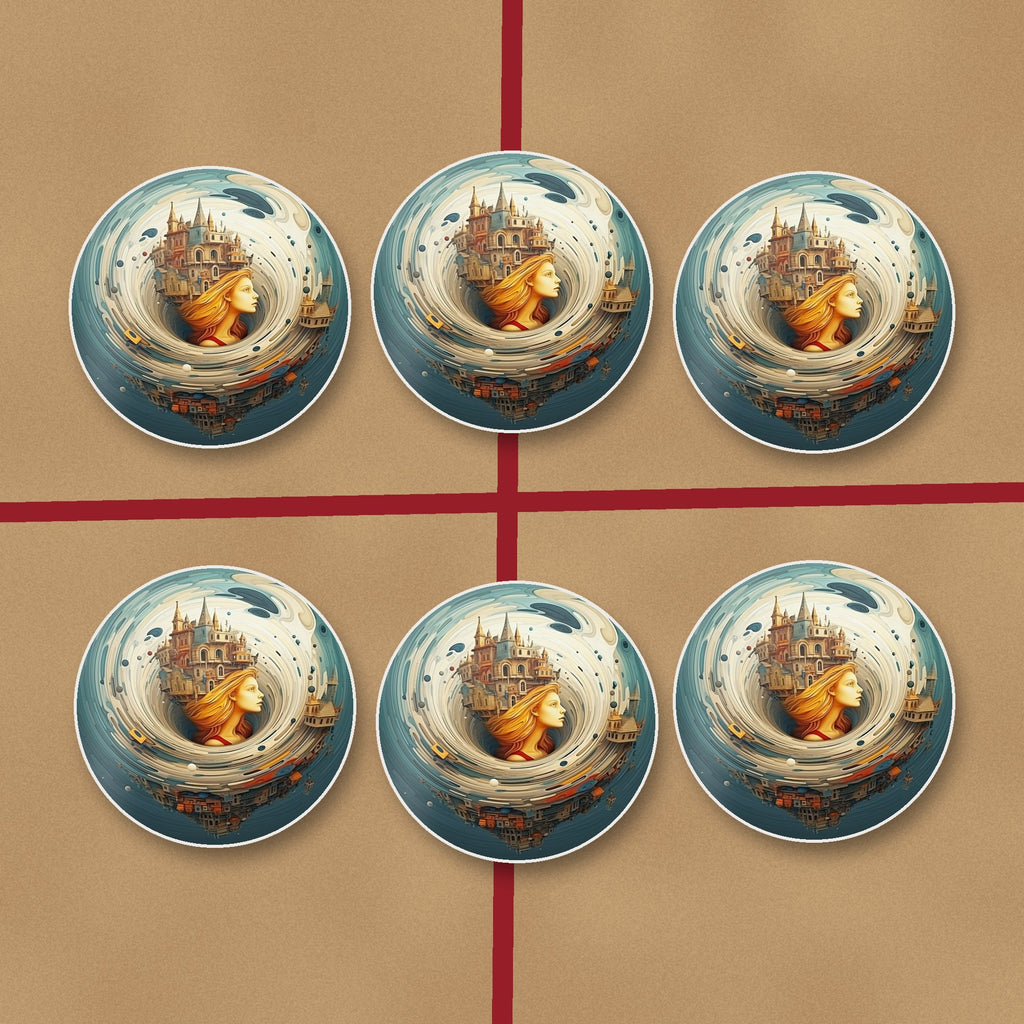 Dreamy Swirl Castle round ceramic coasters on kraft gift wrap