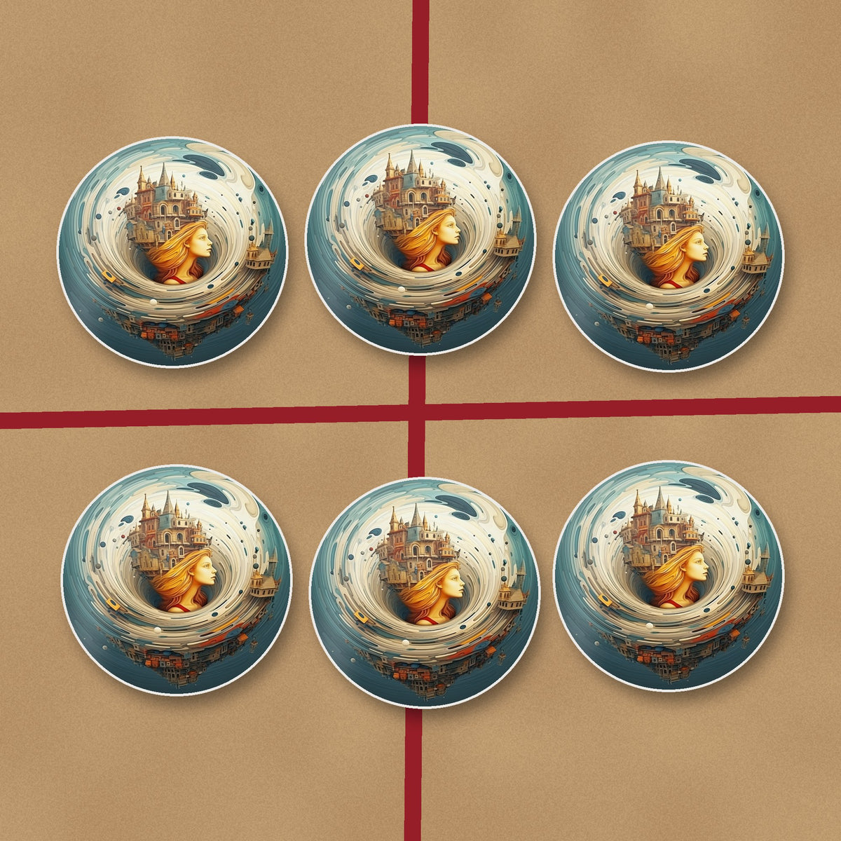 Dreamy Swirl Castle round ceramic coasters on kraft gift wrap