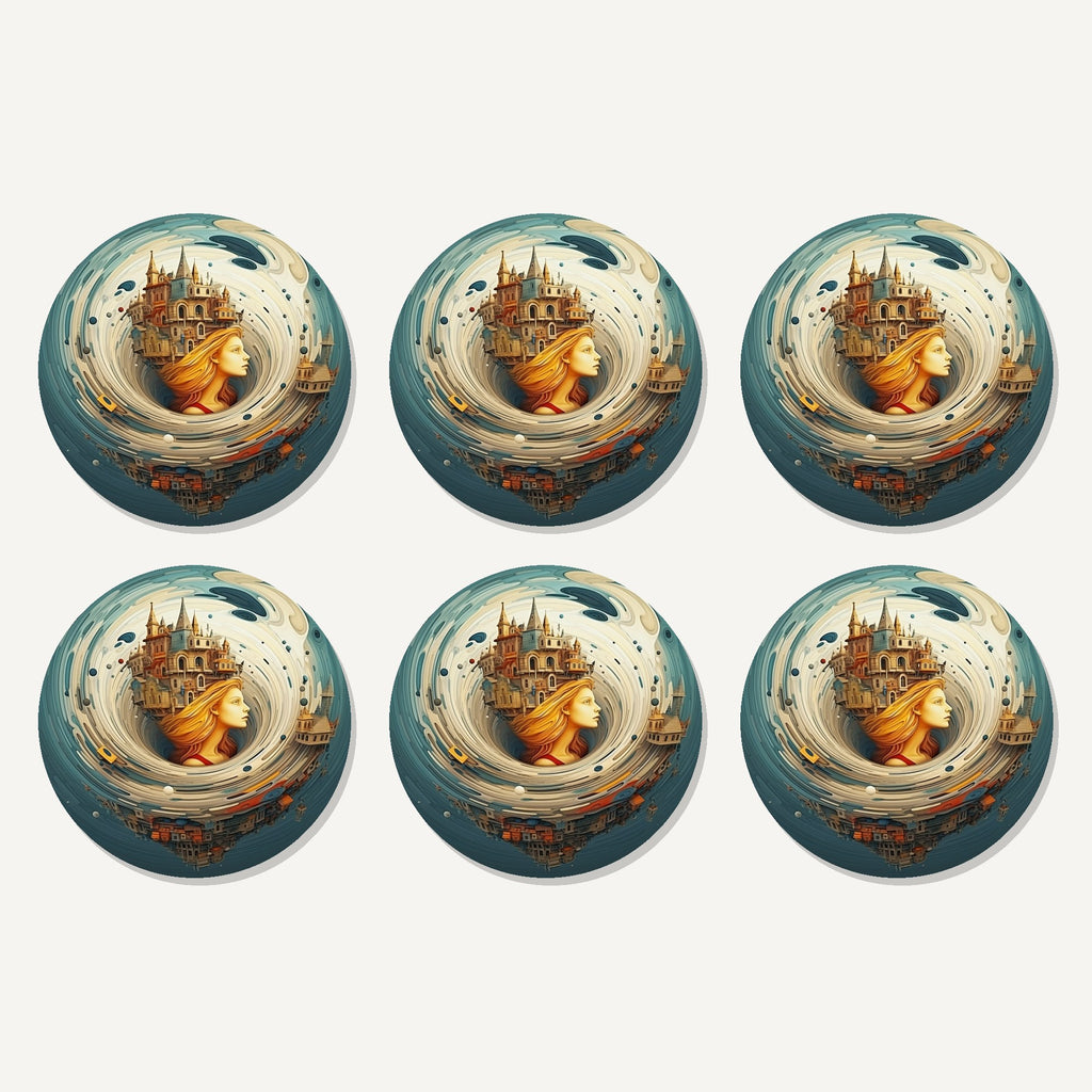 Flat lay of the dreamy swirl castle artwork on six round coasters
