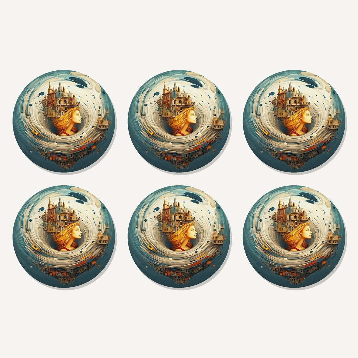 Flat lay of the dreamy swirl castle artwork on six round coasters