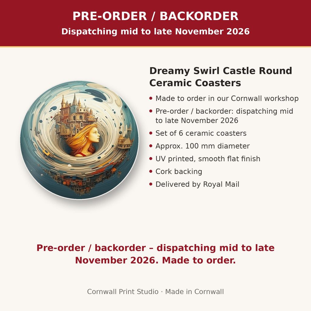 Info card: Dreamy Swirl Castle Round Ceramic Coasters – Set of 6, made to order, dispatching mid to late November 2026, delivered by Royal Mail