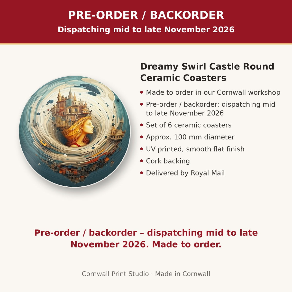 Info card: Dreamy Swirl Castle Round Ceramic Coasters – Set of 6, made to order, dispatching mid to late November 2026, delivered by Royal Mail