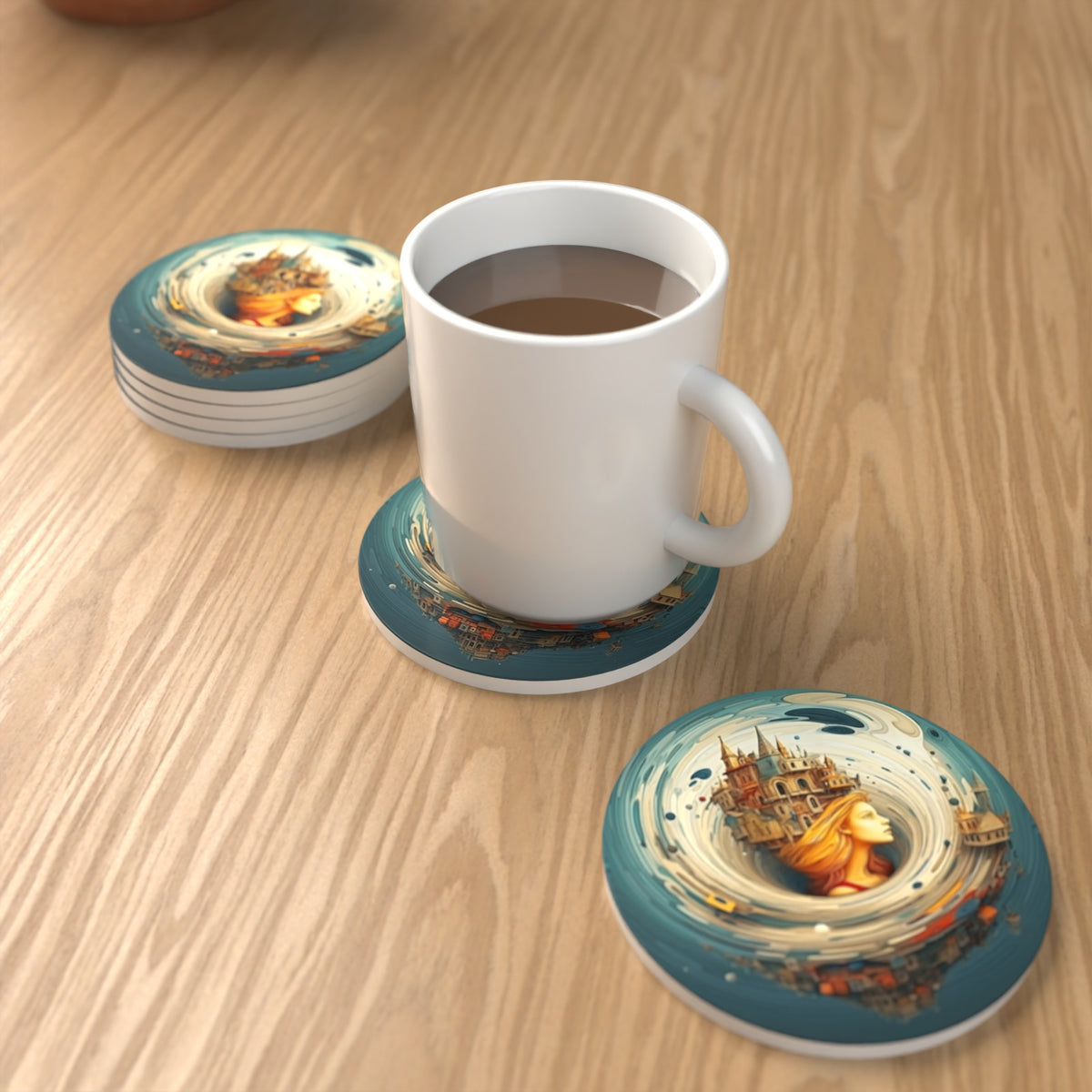 Dreamy Swirl Castle Round Ceramic Coasters – Set of 6 – lifestyle mockup with a mug of coffee