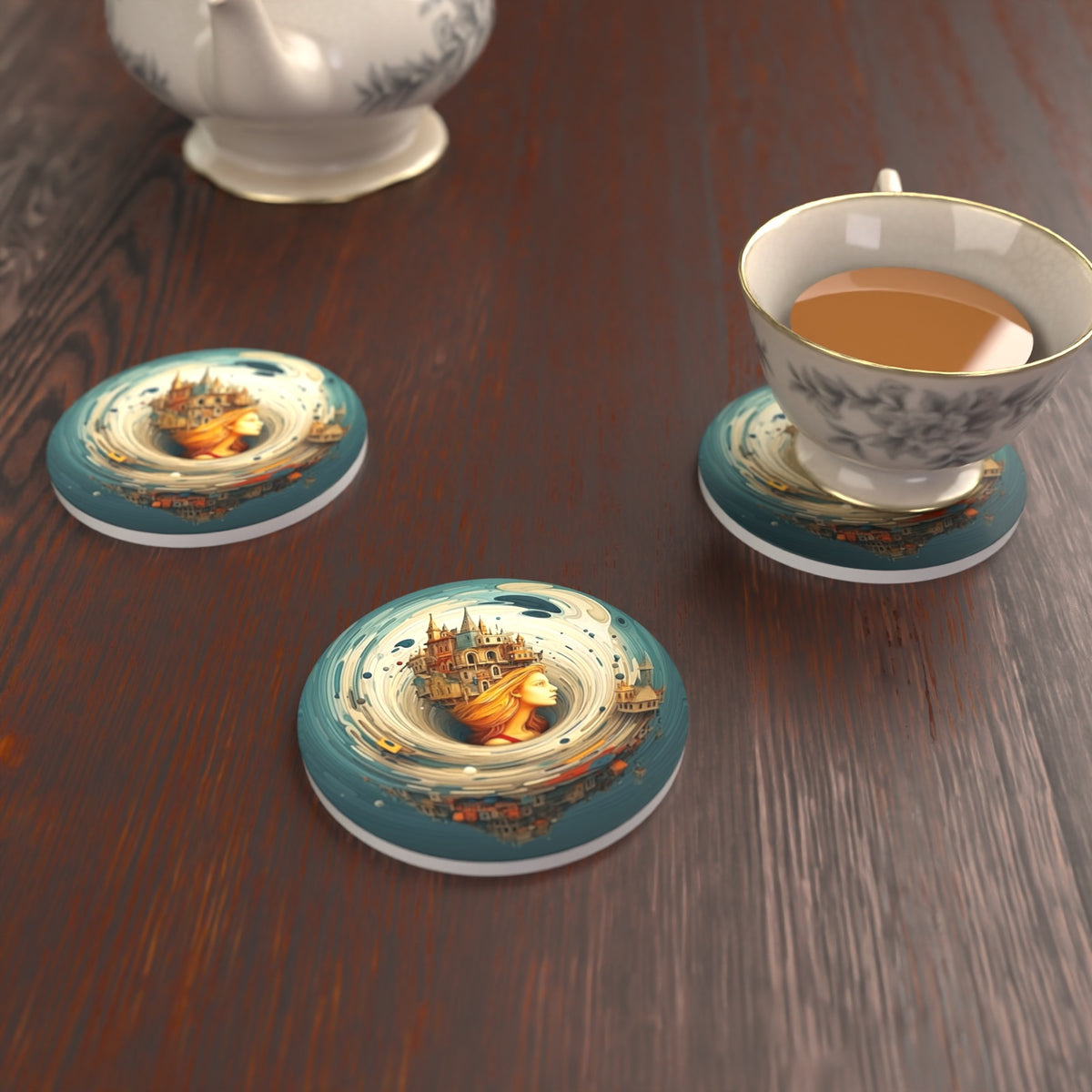 Dreamy Swirl Castle Round Ceramic Coasters – Set of 6 – lifestyle mockup with a teacup