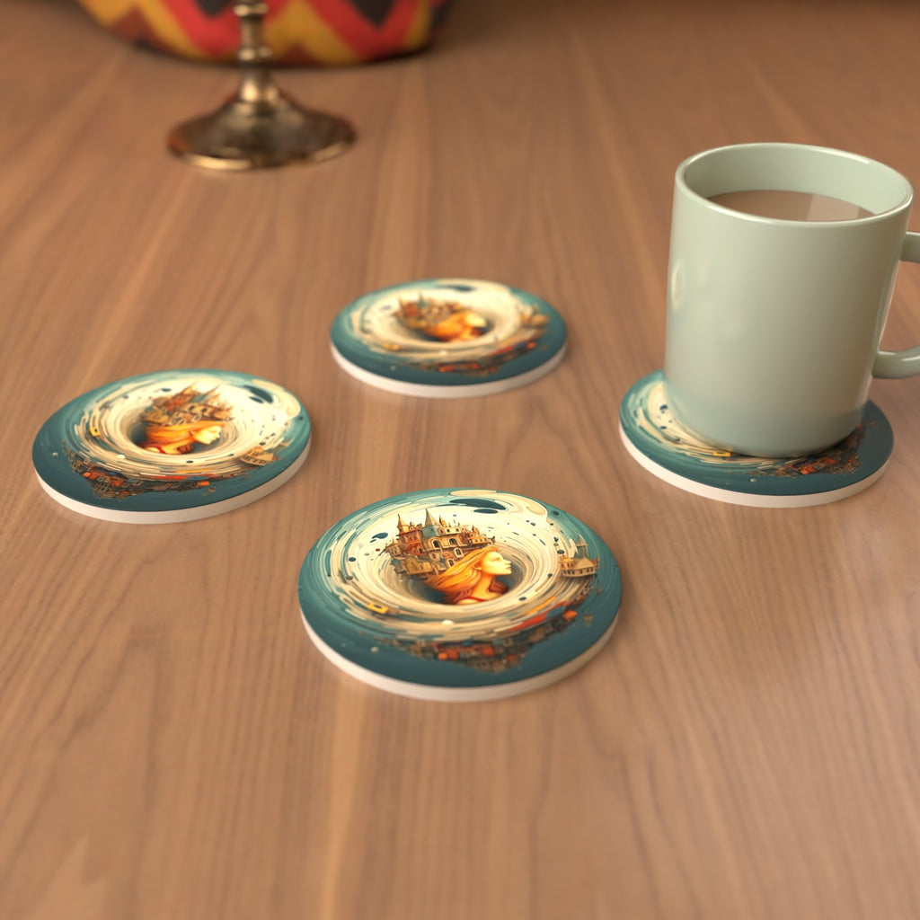 Dreamy Swirl Castle Round Ceramic Coasters – Set of 6 – cosy lifestyle mockup