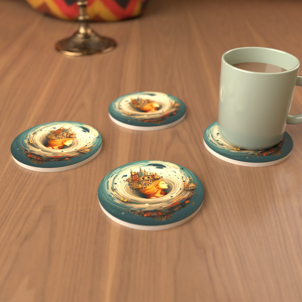 Dreamy Swirl Castle Round Ceramic Coasters – Set of 6 – cosy lifestyle mockup