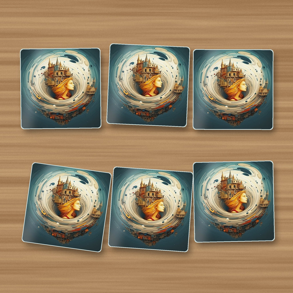 Dreamy Swirl Castle square glass coasters, set of 6, on an oak coffee table