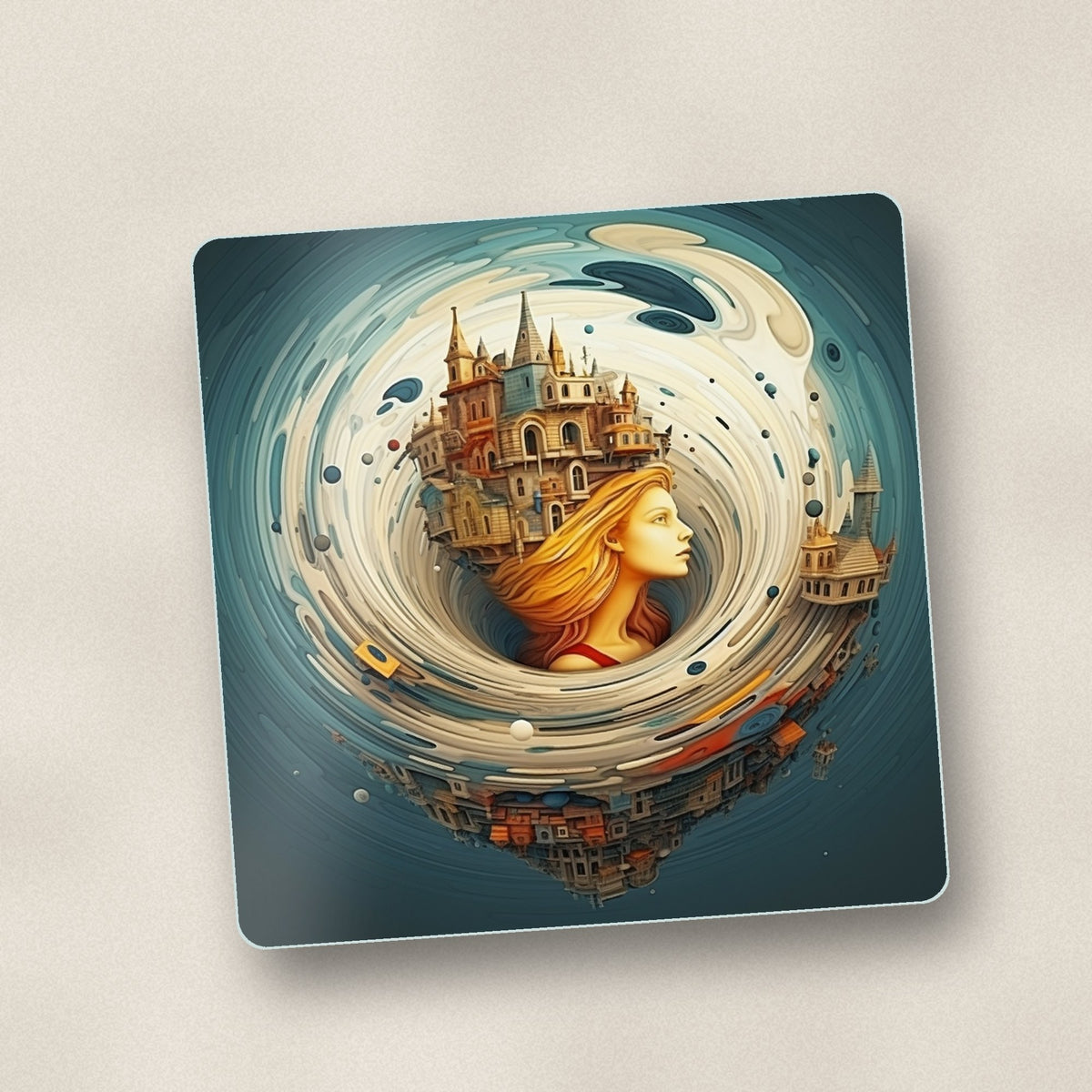 Close-up of one dreamy swirl castle square glass coaster, flat UV print
