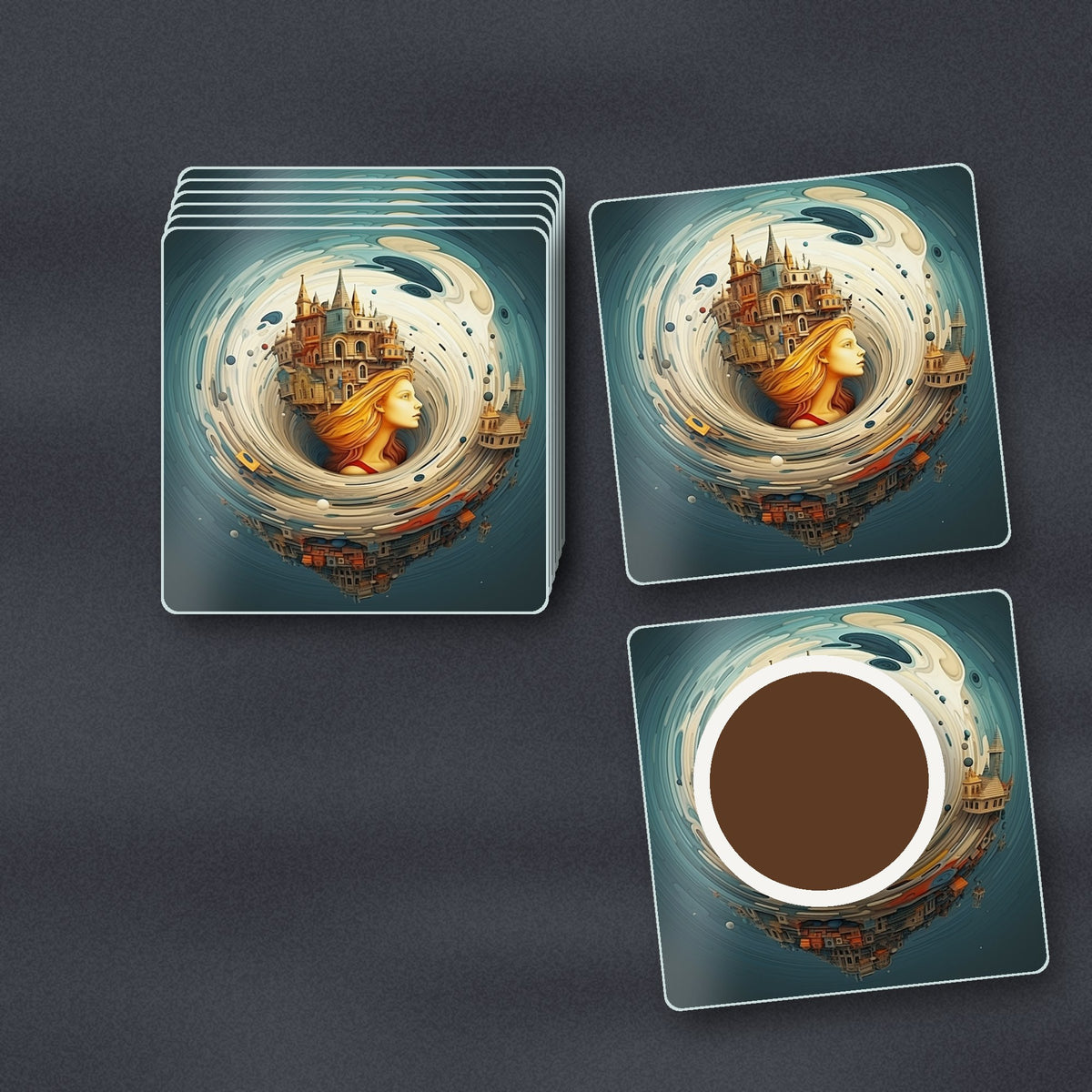 Dreamy Swirl Castle square glass coasters stacked on a slate kitchen worktop