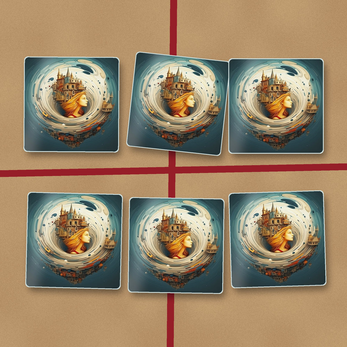 Dreamy Swirl Castle square glass coasters on kraft gift wrap