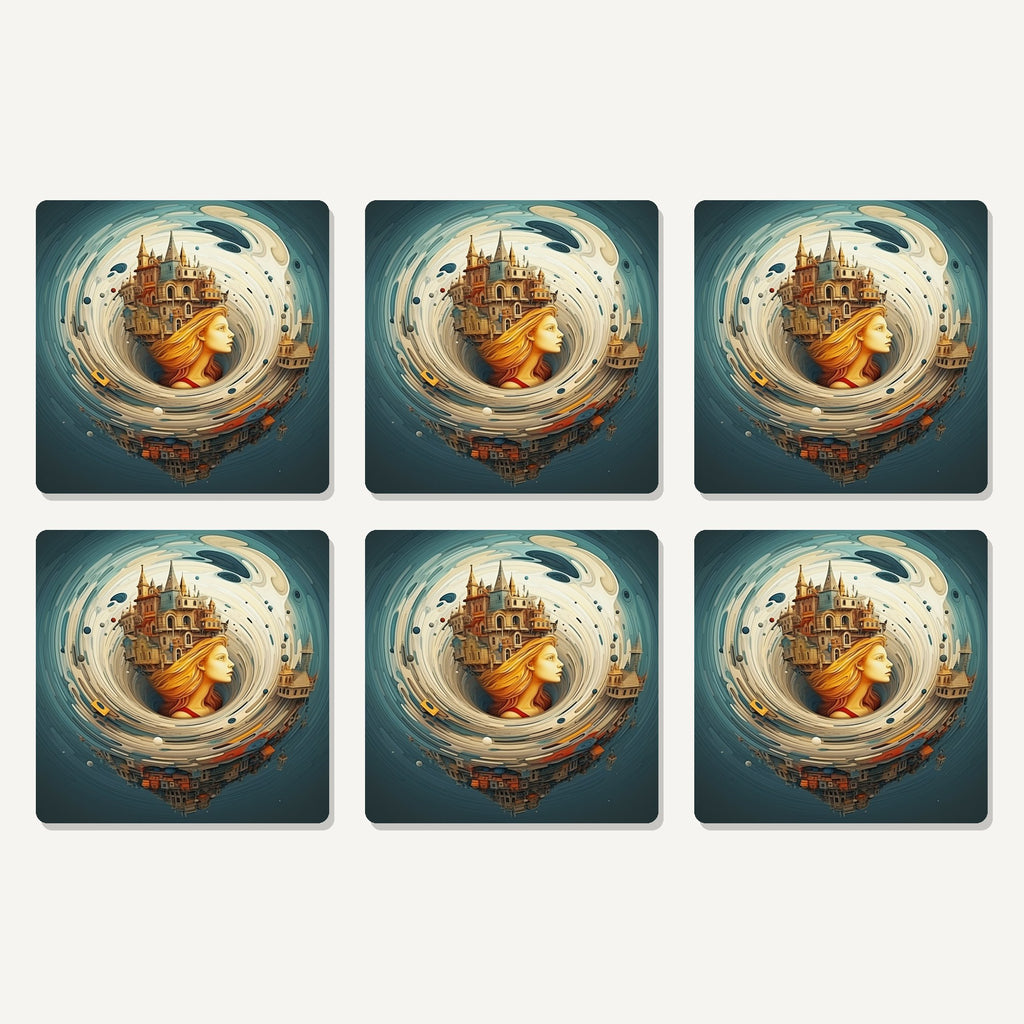 Flat lay of the dreamy swirl castle artwork on six square coasters