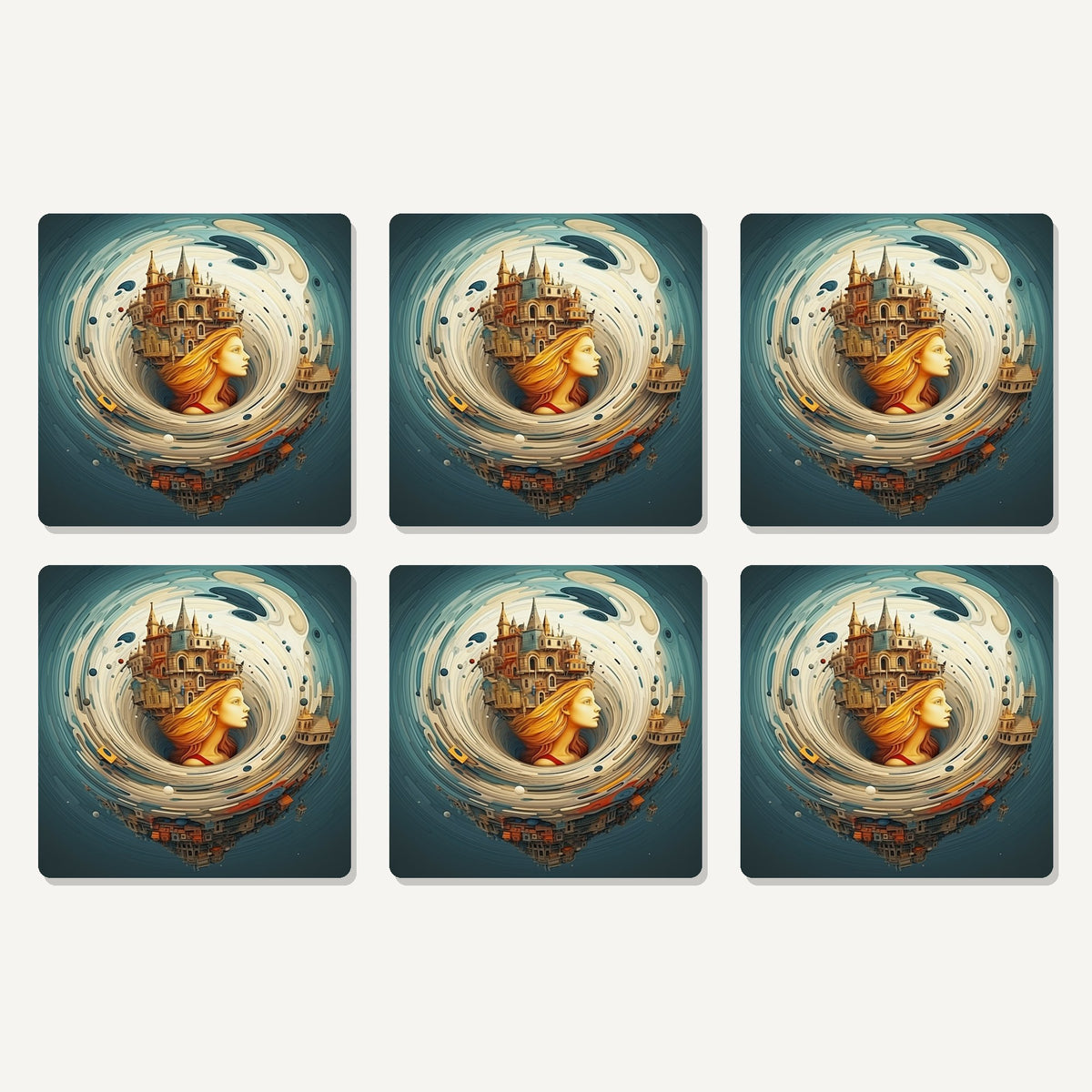 Flat lay of the dreamy swirl castle artwork on six square coasters