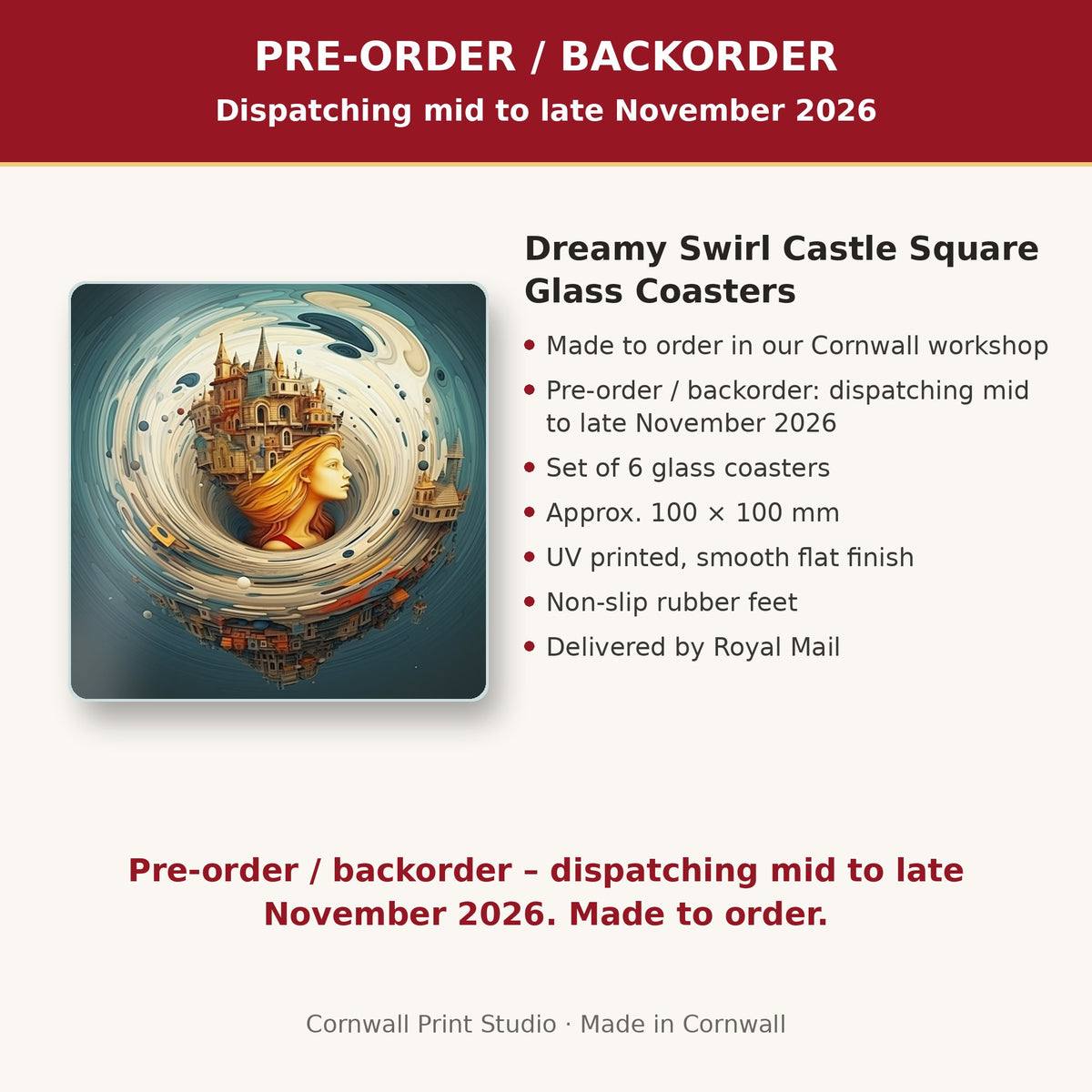 Info card: Dreamy Swirl Castle Square Glass Coasters – Set of 6, made to order, dispatching mid to late November 2026, delivered by Royal Mail