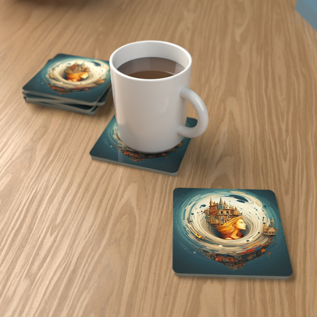 Dreamy Swirl Castle Square Glass Coasters – Set of 6 – lifestyle mockup with a mug of coffee
