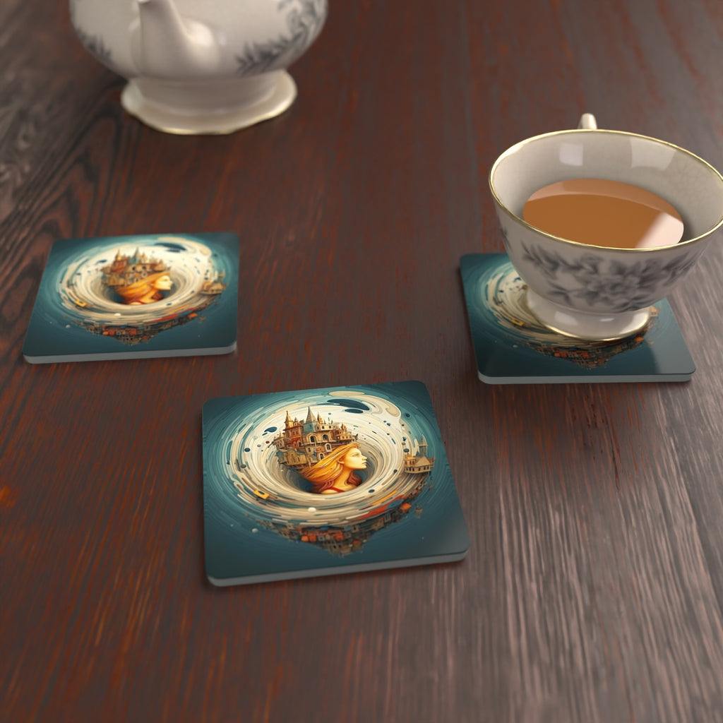 Dreamy Swirl Castle Square Glass Coasters – Set of 6 – lifestyle mockup with a teacup