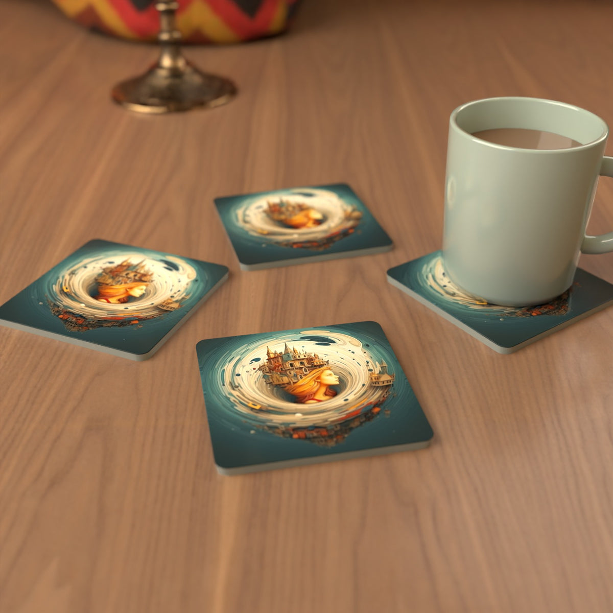 Dreamy Swirl Castle Square Glass Coasters – Set of 6 – cosy lifestyle mockup