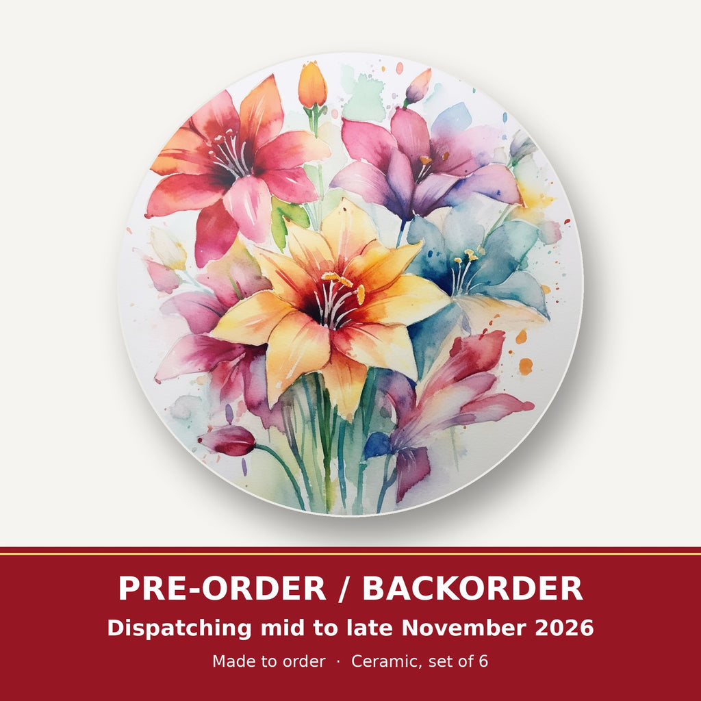 Watercolour Lily Bouquet round ceramic coaster set of 6 – pre-order / backorder, dispatching mid to late November 2026