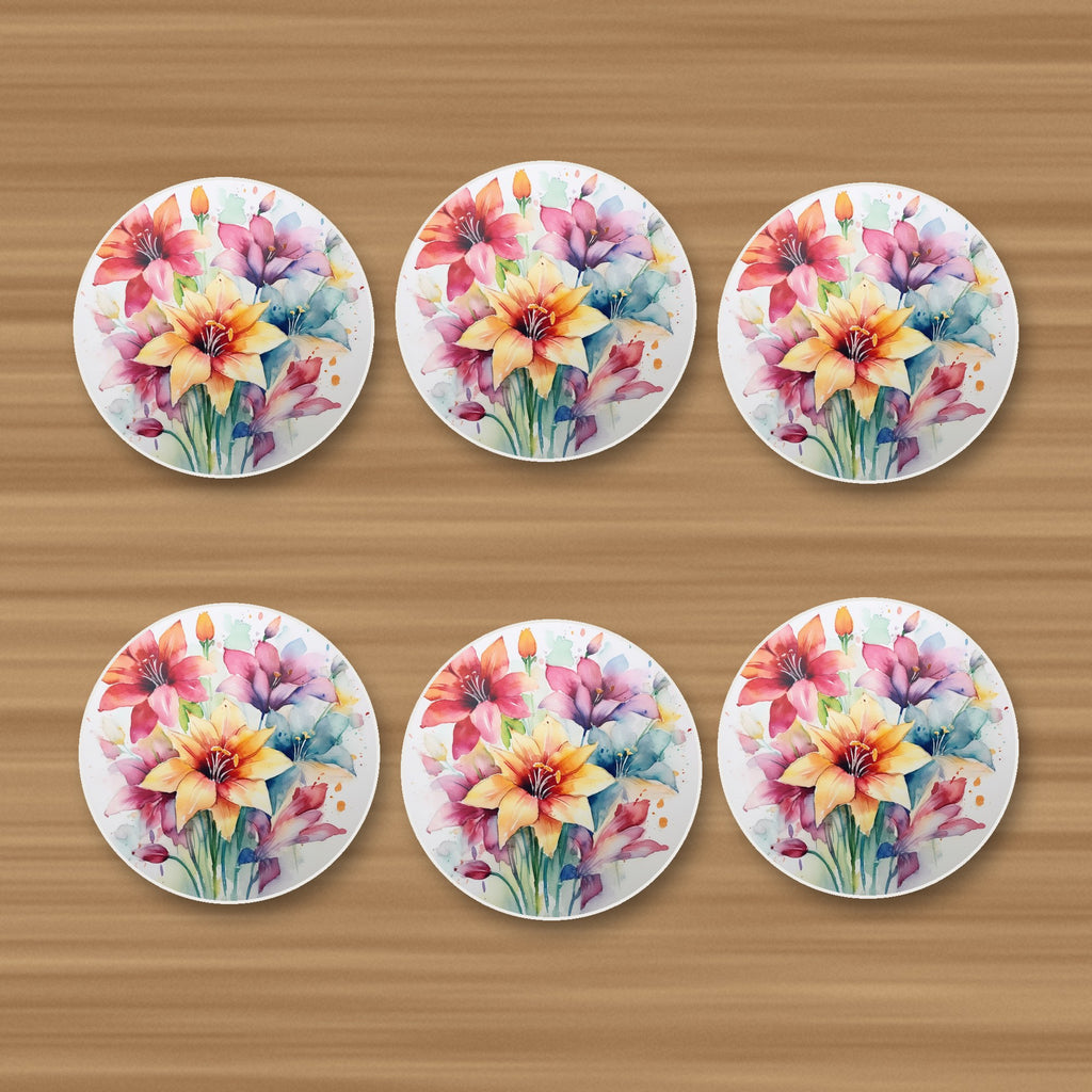 Watercolour Lily Bouquet round ceramic coasters, set of 6, on an oak coffee table