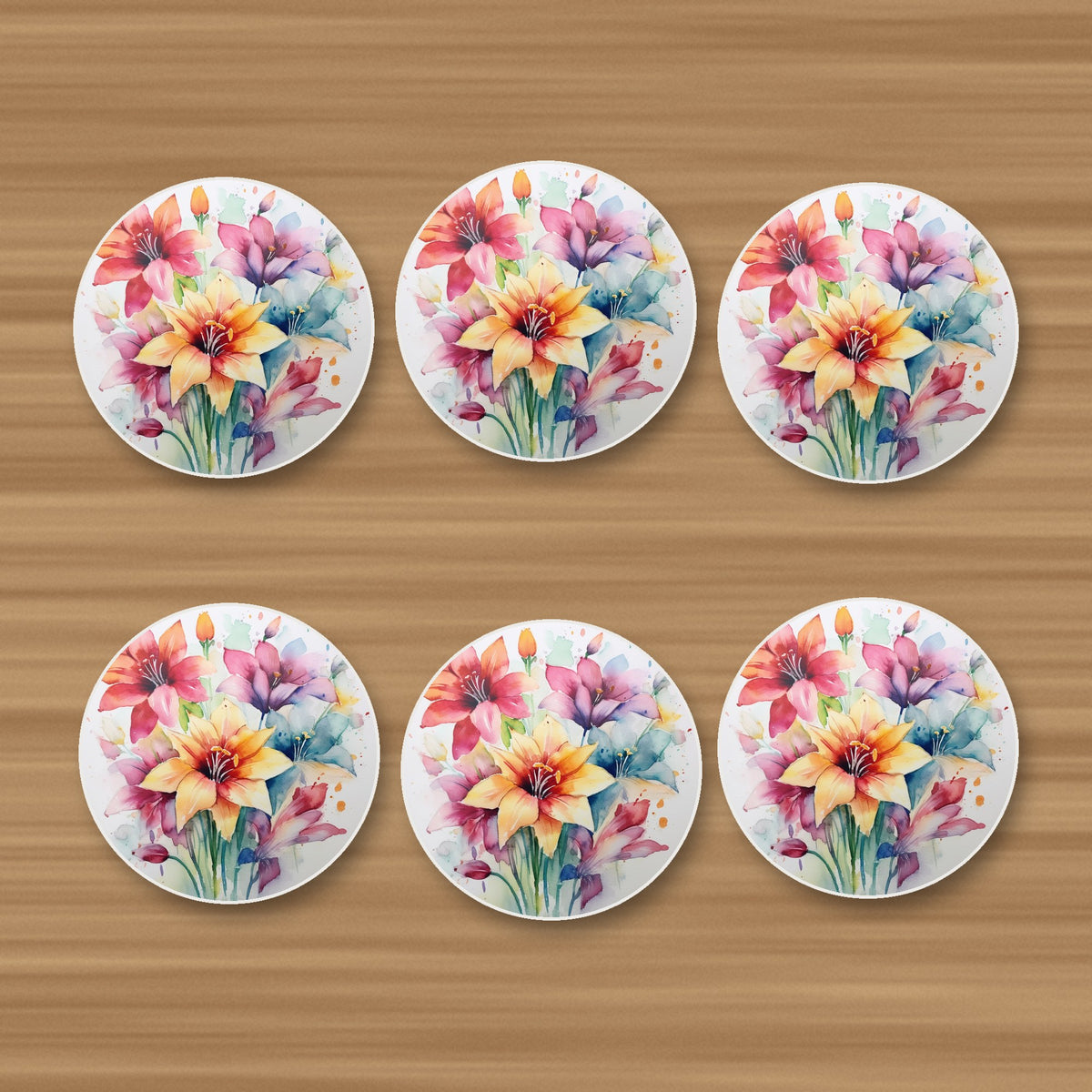 Watercolour Lily Bouquet round ceramic coasters, set of 6, on an oak coffee table