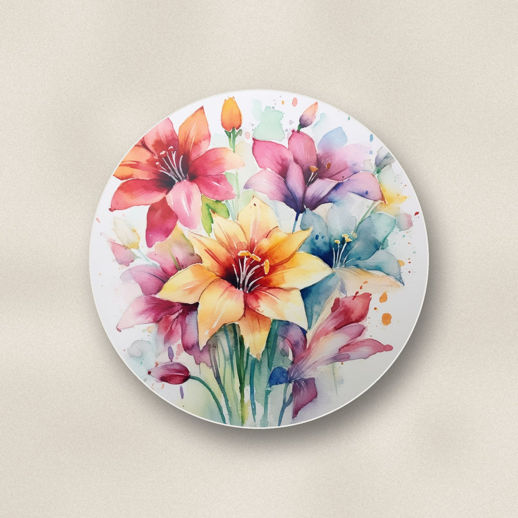 Close-up of one watercolour lily bouquet round ceramic coaster, flat UV print