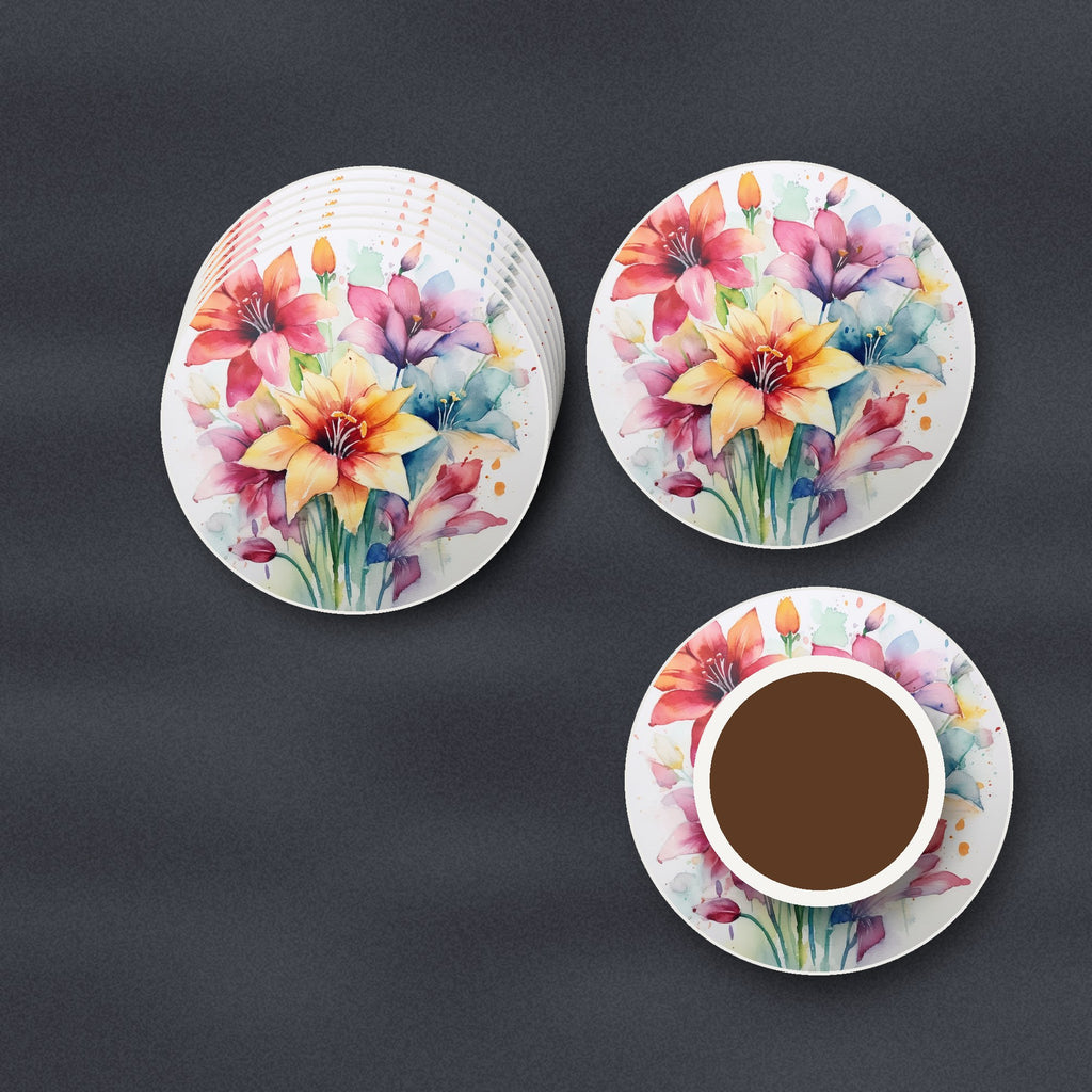 Watercolour Lily Bouquet round ceramic coasters stacked on a slate kitchen worktop