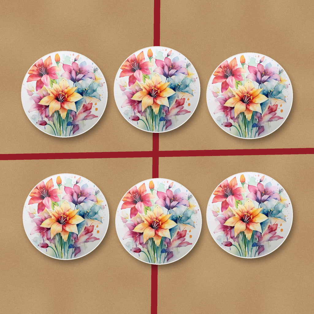 Watercolour Lily Bouquet round ceramic coasters on kraft gift wrap