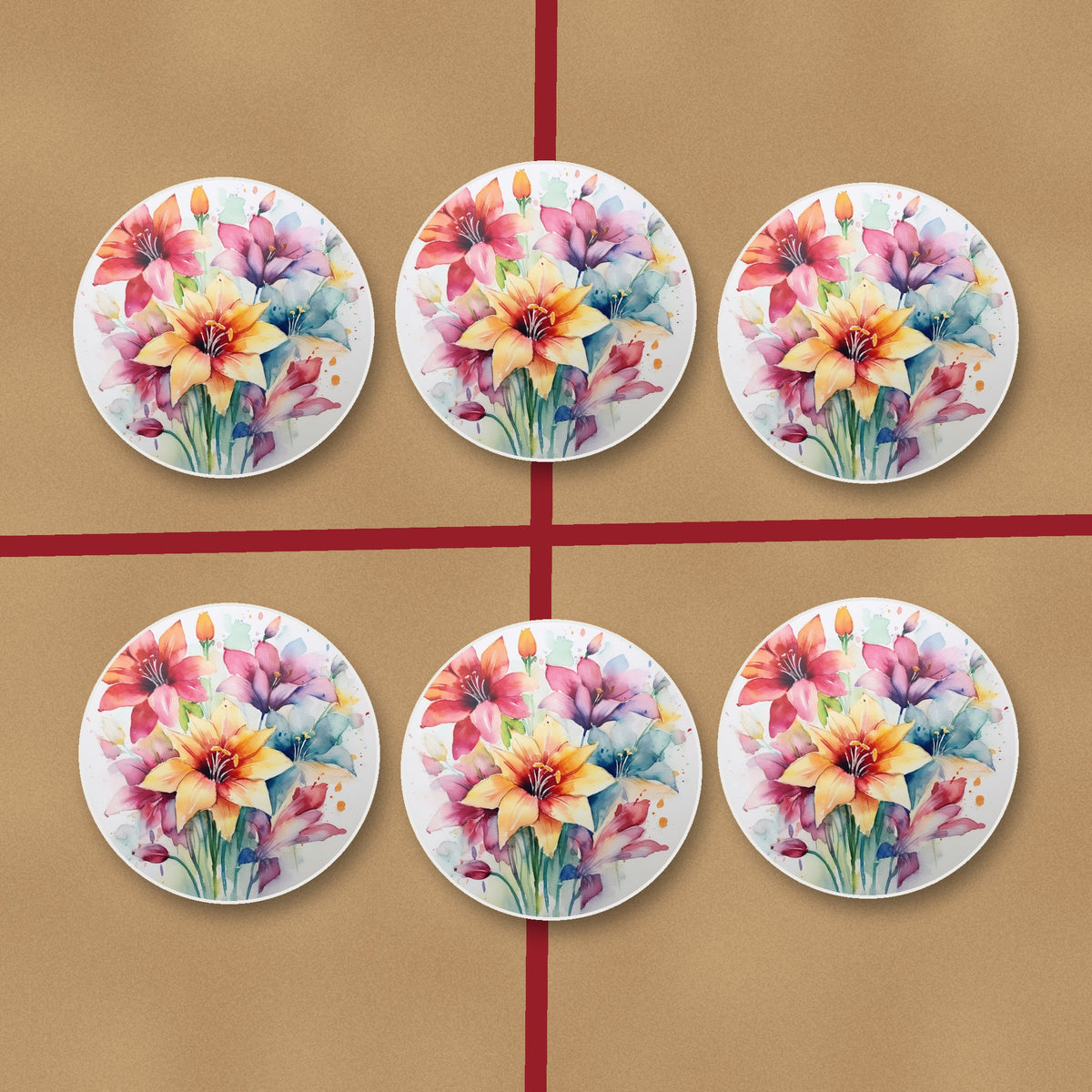 Watercolour Lily Bouquet round ceramic coasters on kraft gift wrap
