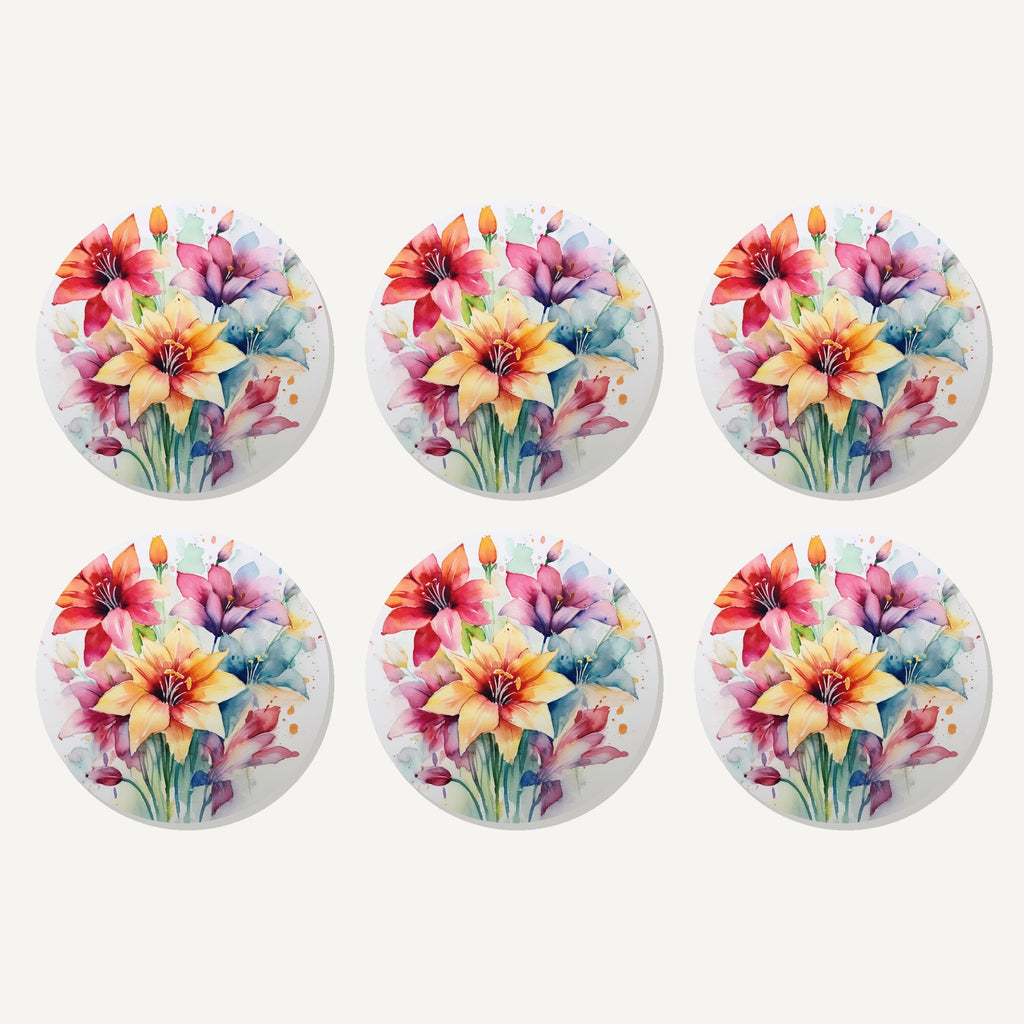 Flat lay of the watercolour lily bouquet artwork on six round coasters
