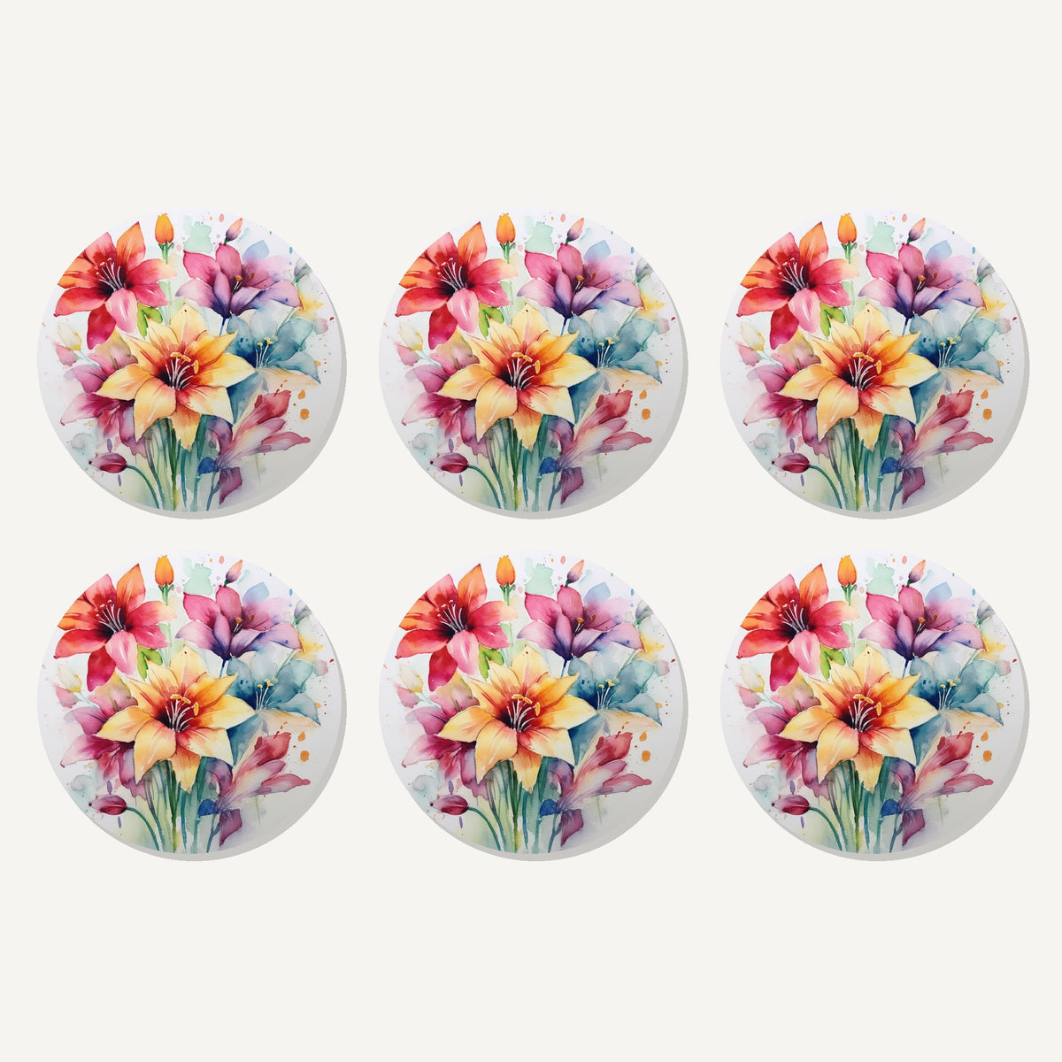 Flat lay of the watercolour lily bouquet artwork on six round coasters
