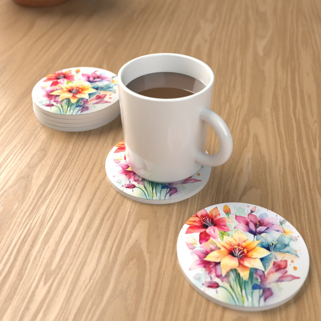 Watercolour Lily Bouquet Round Ceramic Coasters – Set of 6 – lifestyle mockup with a mug of coffee