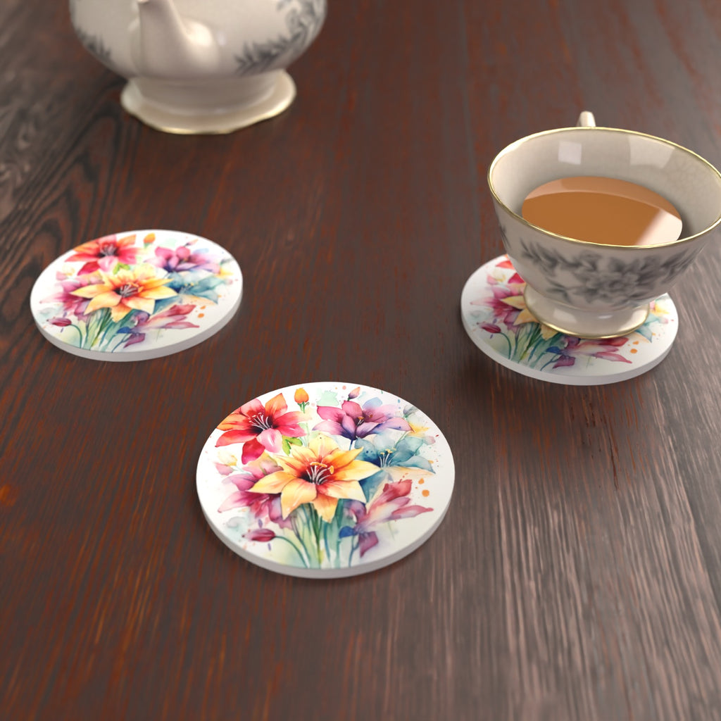 Watercolour Lily Bouquet Round Ceramic Coasters – Set of 6 – lifestyle mockup with a teacup