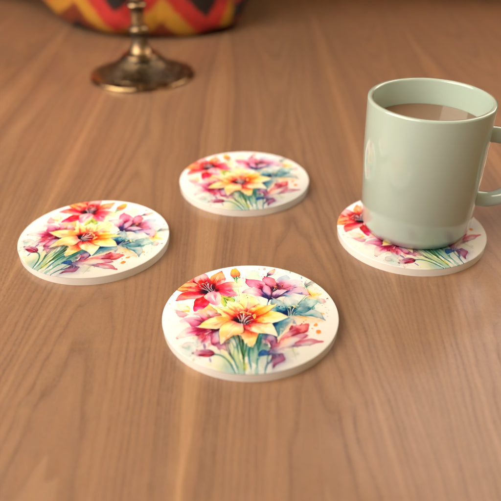 Watercolour Lily Bouquet Round Ceramic Coasters – Set of 6 – cosy lifestyle mockup