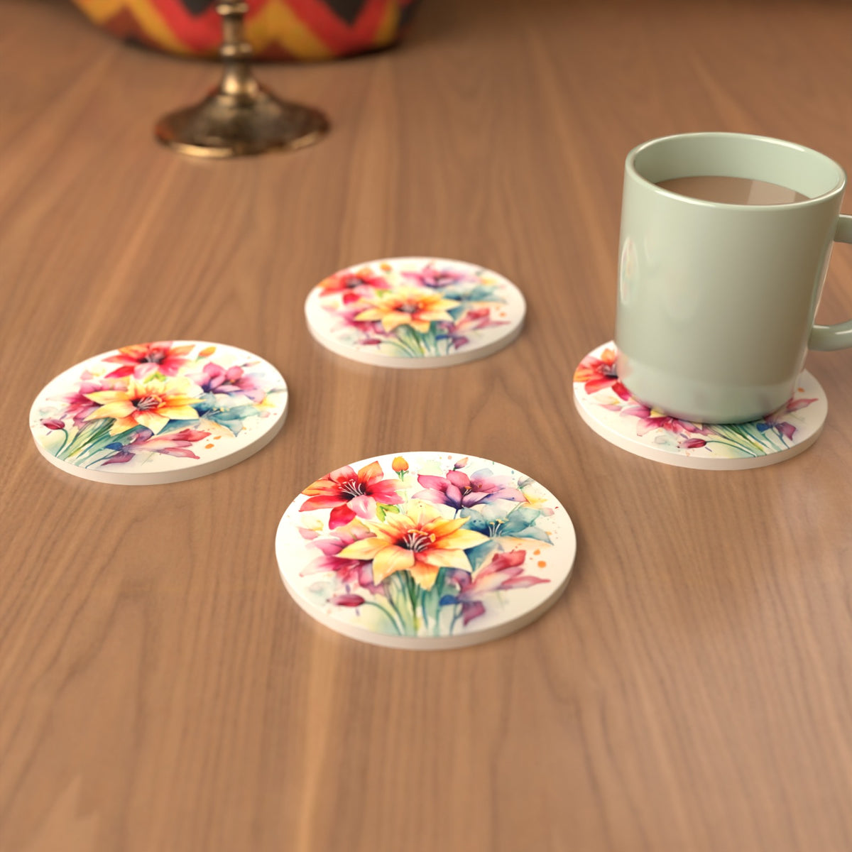 Watercolour Lily Bouquet Round Ceramic Coasters – Set of 6 – cosy lifestyle mockup