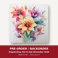 Watercolour Lily Bouquet square glass coaster set of 6 – pre-order / backorder, dispatching mid to late November 2026
