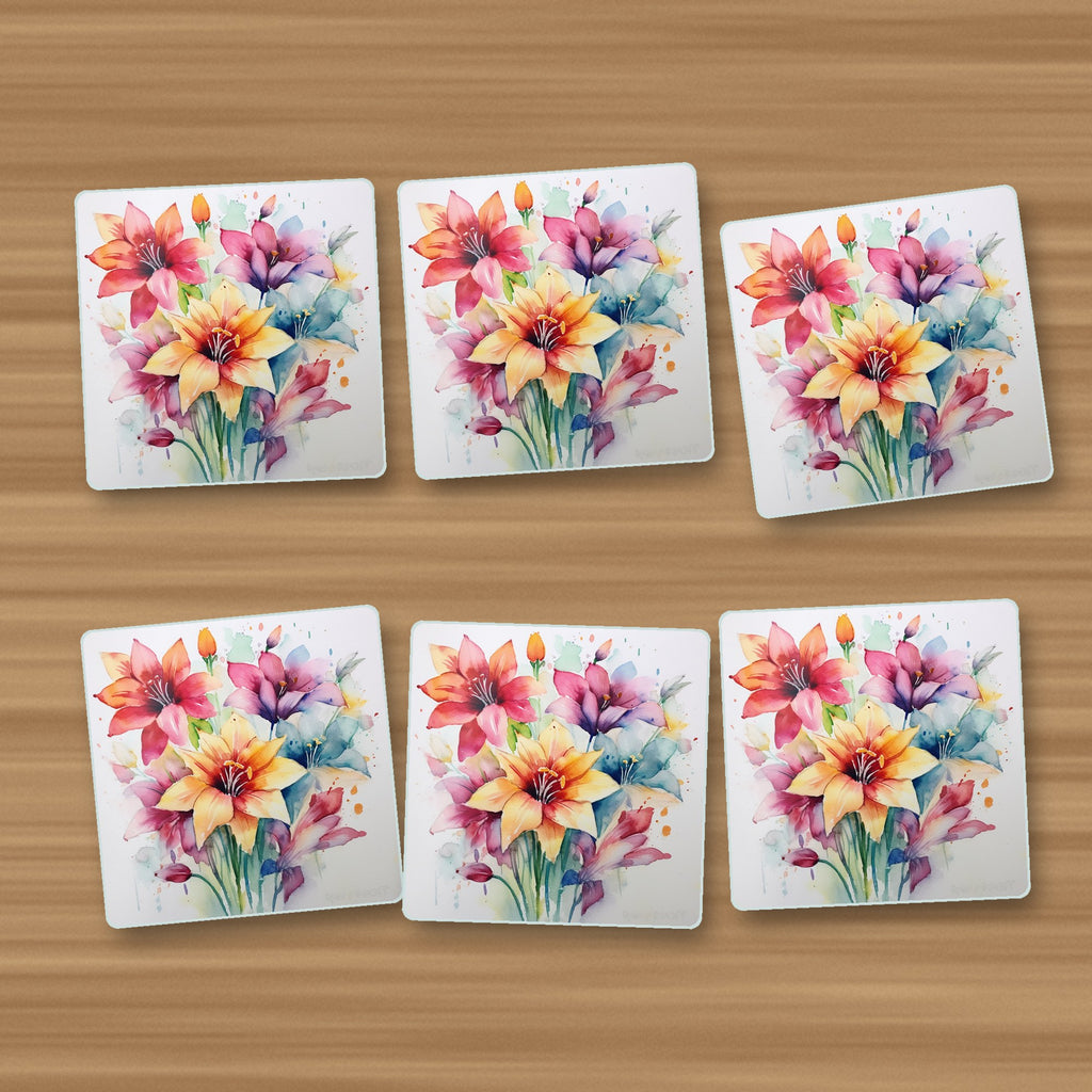 Watercolour Lily Bouquet square glass coasters, set of 6, on an oak coffee table