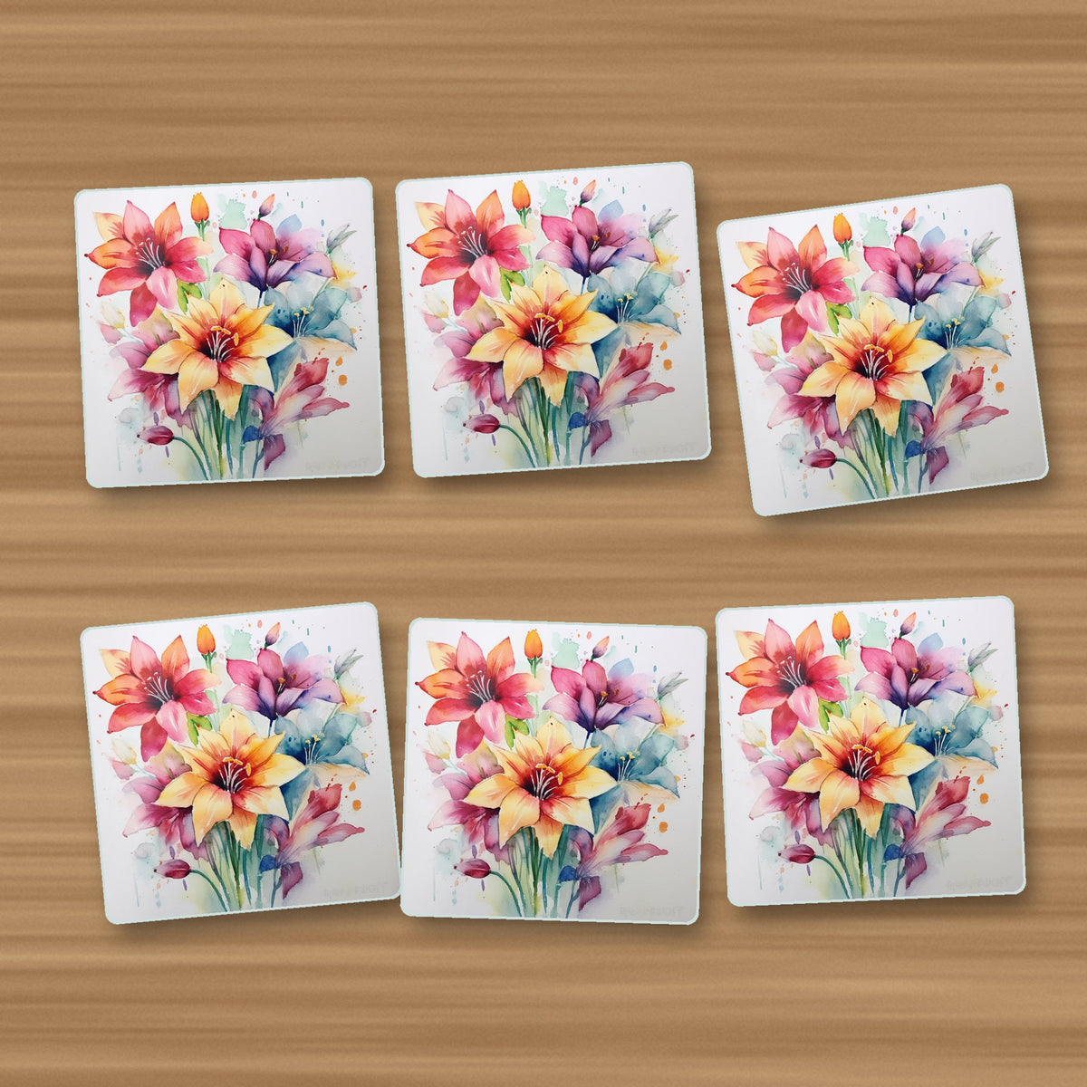 Watercolour Lily Bouquet square glass coasters, set of 6, on an oak coffee table