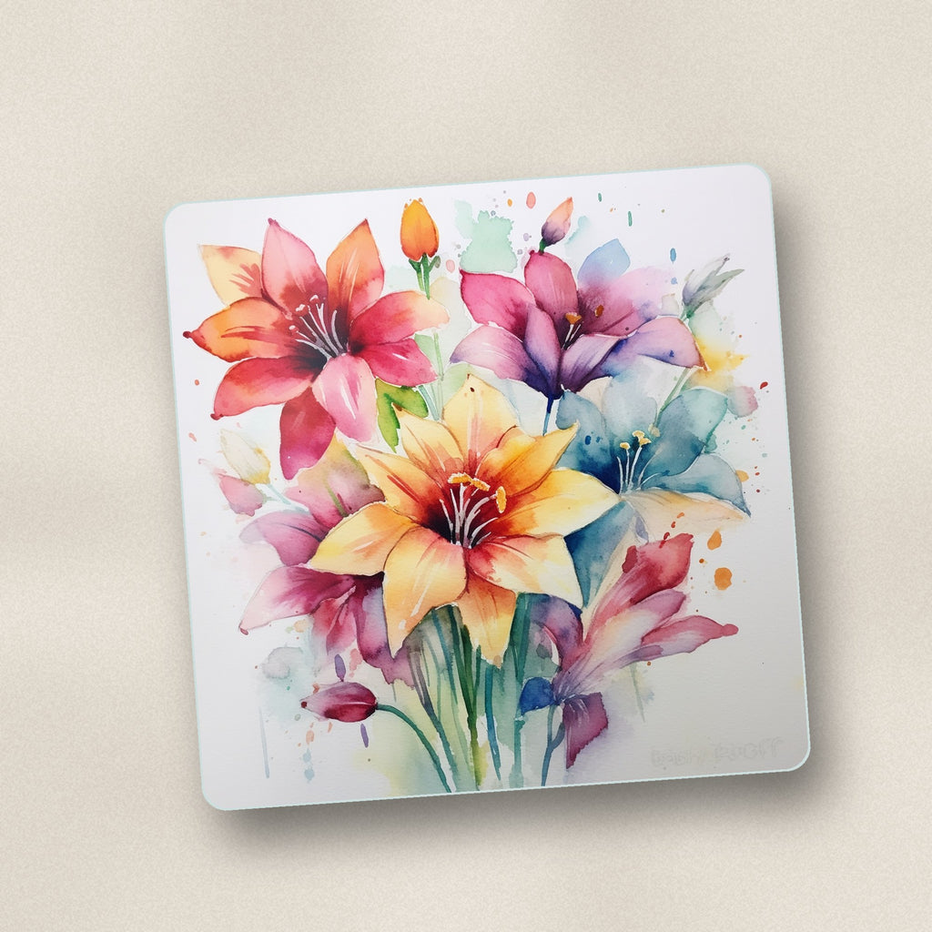 Close-up of one watercolour lily bouquet square glass coaster, flat UV print