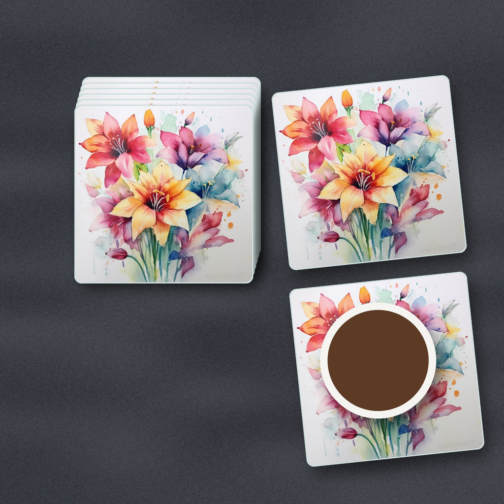 Watercolour Lily Bouquet square glass coasters stacked on a slate kitchen worktop