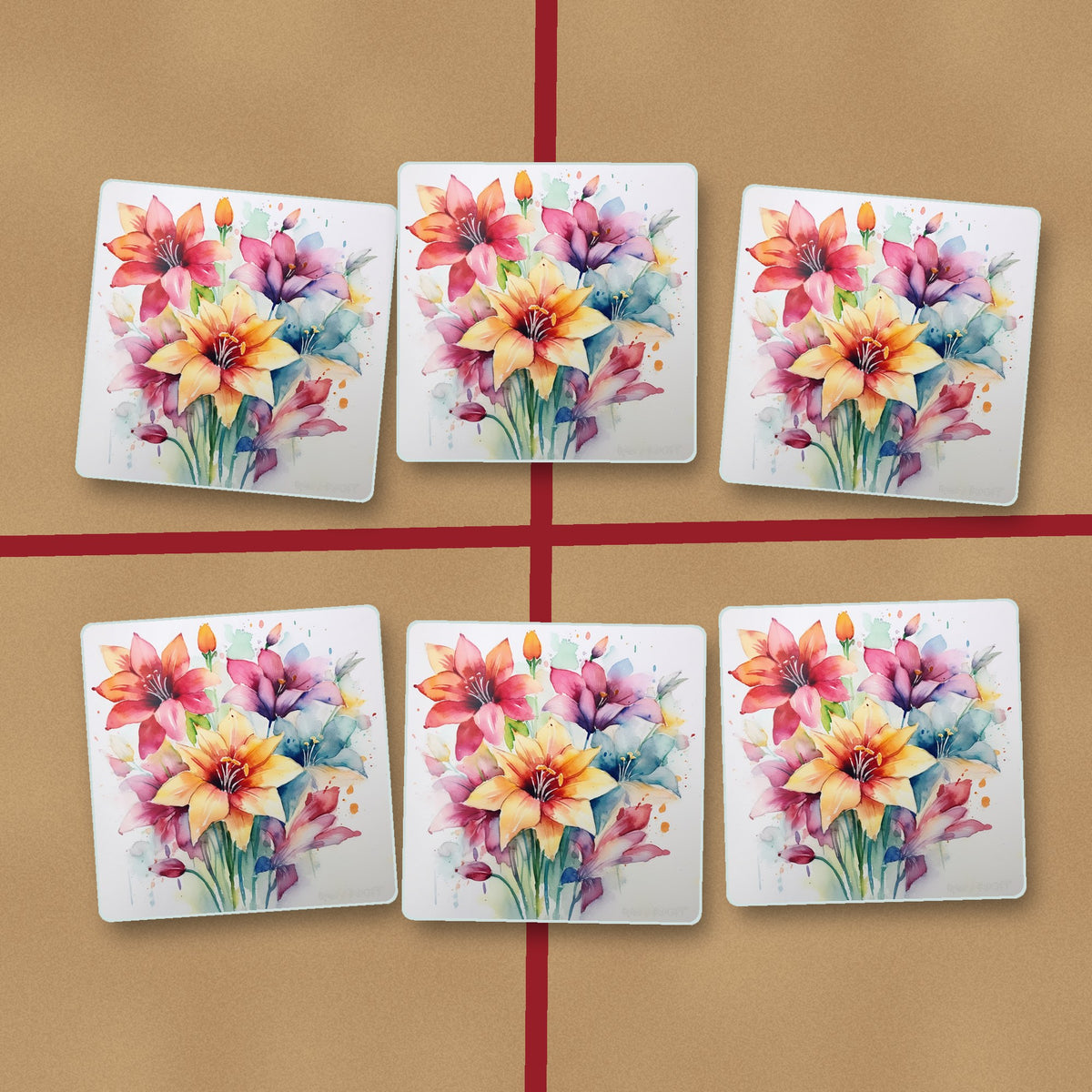Watercolour Lily Bouquet square glass coasters on kraft gift wrap