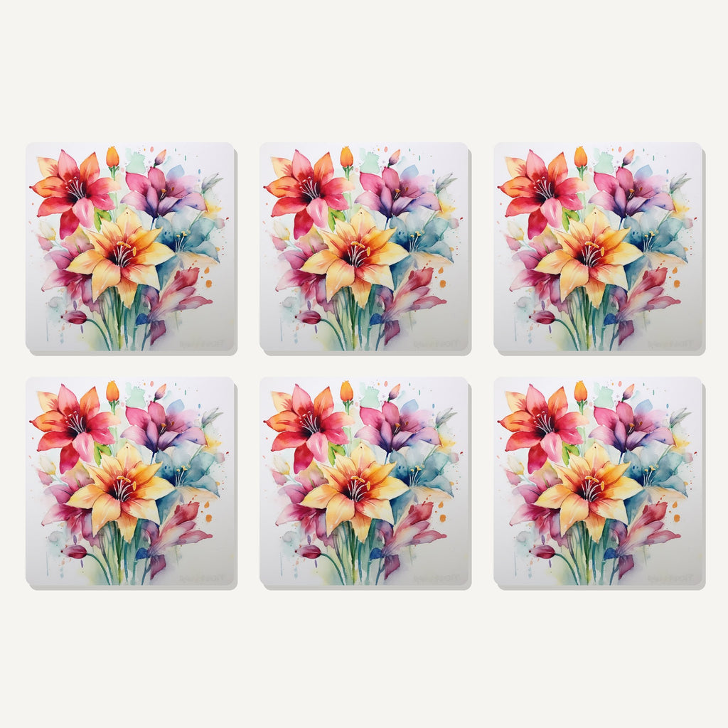 Flat lay of the watercolour lily bouquet artwork on six square coasters