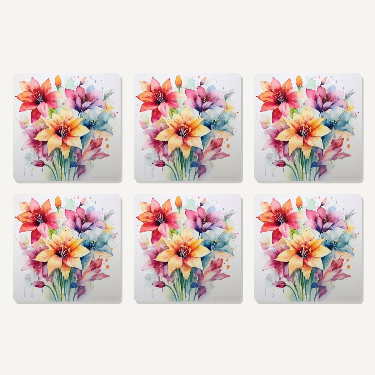 Flat lay of the watercolour lily bouquet artwork on six square coasters