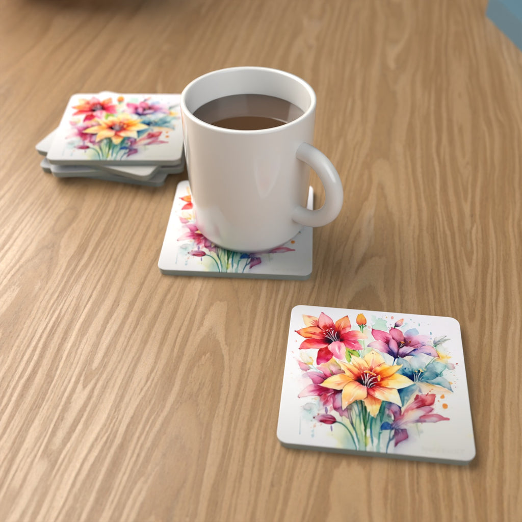 Watercolour Lily Bouquet Square Glass Coasters – Set of 6 – lifestyle mockup with a mug of coffee