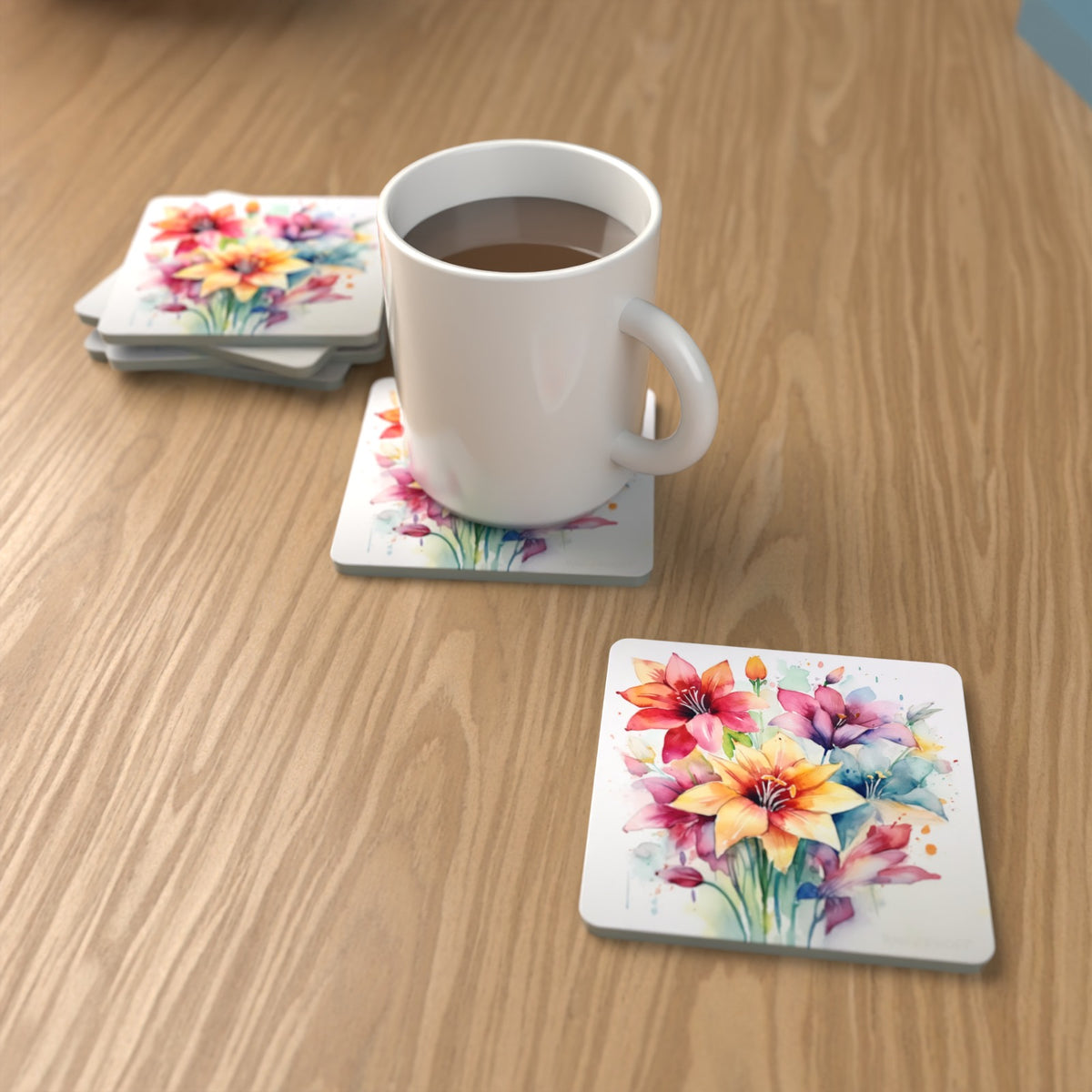 Watercolour Lily Bouquet Square Glass Coasters – Set of 6 – lifestyle mockup with a mug of coffee